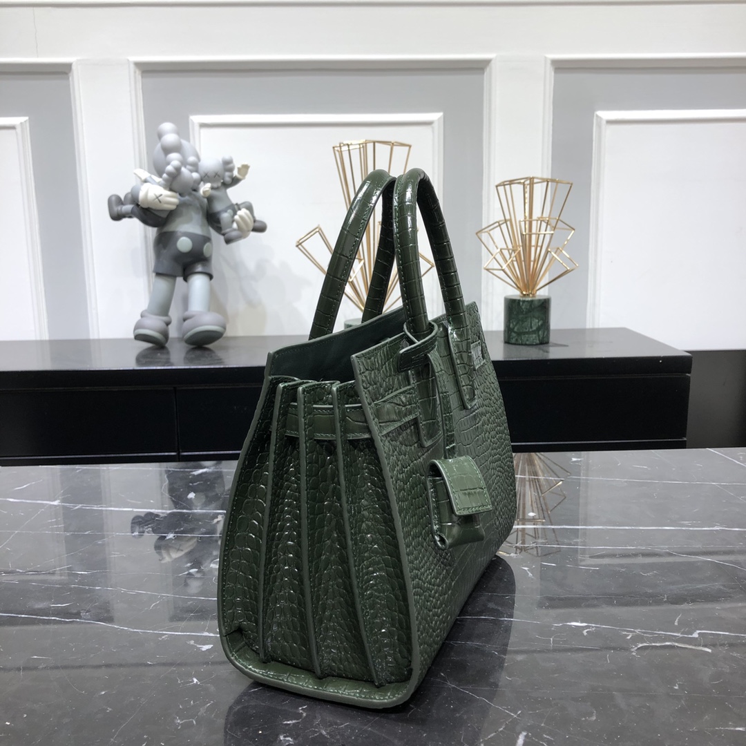 Saint Laurent Sac De Jour Baby Crocodile Embossed Calfskin Handbag Shoulder Bag Army Green 421863 Silver